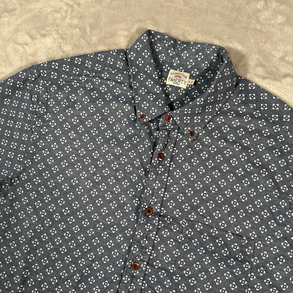 Faherty Playa Shirt Men's XL Blue AOP Short Sleeve Stretch Button Up Huckberry